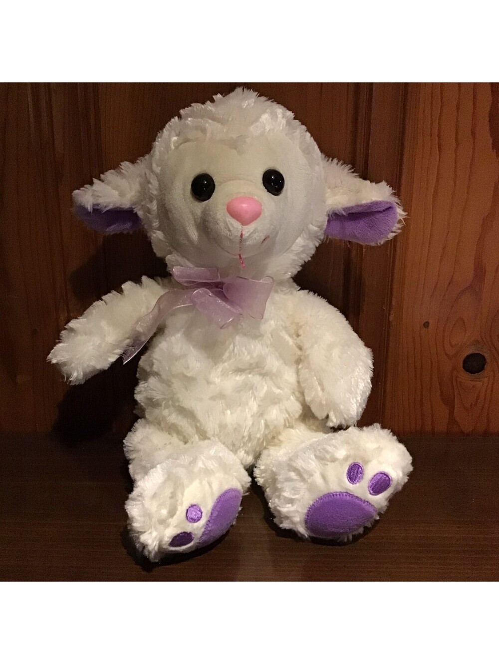 Dan Dee Smiling White Lamb w/Purple Ears and Purple Bow - 13” Plush Toy